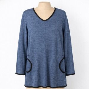 Linen Lagenlook Longline Tunic Sweater Size‎ L Blue Knit Pockets Scandi Coastal